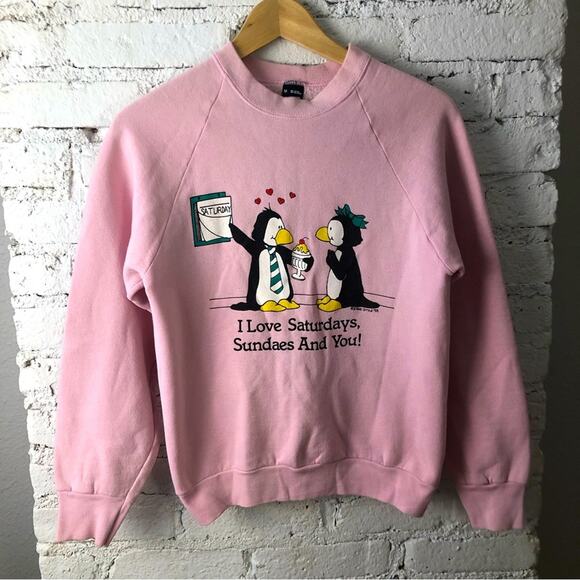 Vintage 80’s Penguin I Love Saturdays, Sundaes And You Sweatshirt - Picture 1 of 9